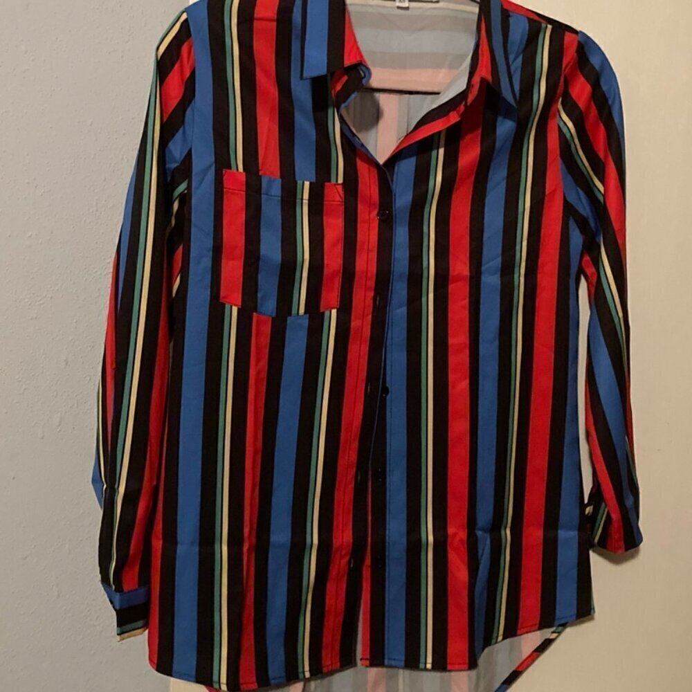 Secret Womens V Neck Roll up Sleeve Striped Button Down Tunic with Pockets